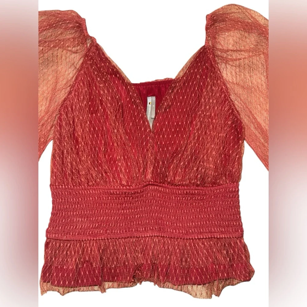 Anthropologie Red Textured Blouse with Sheer Sleeves - Picture 2 of 10